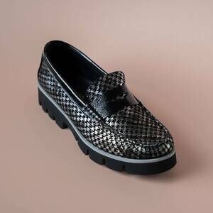 NEW DI CHENZO women's houndstooth lug loafers in black silver